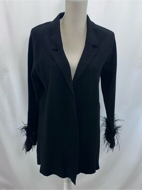 Sioni Black Feather-Cuff Women's Open Front Cardigan